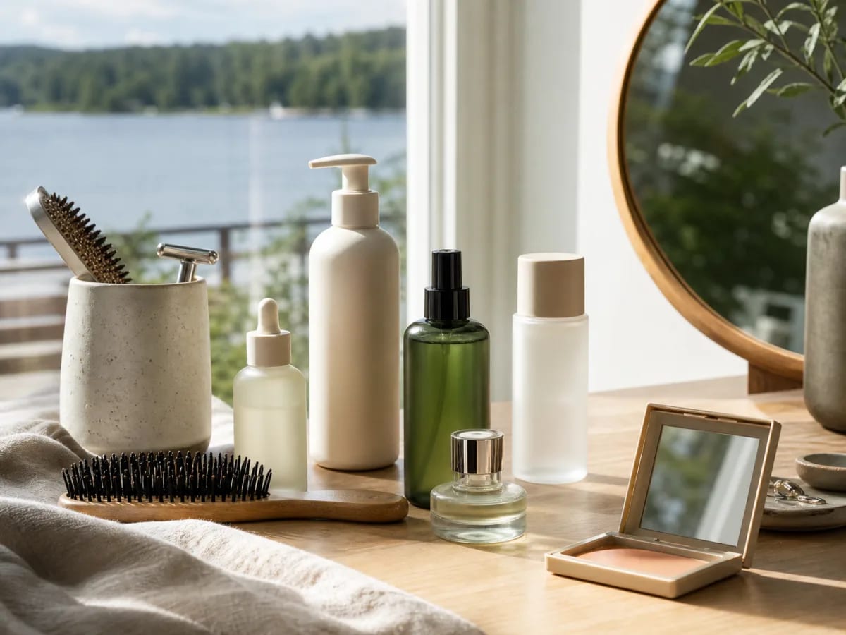 Unbranded beauty and personal-care essentials at a bright lakehouse vanity