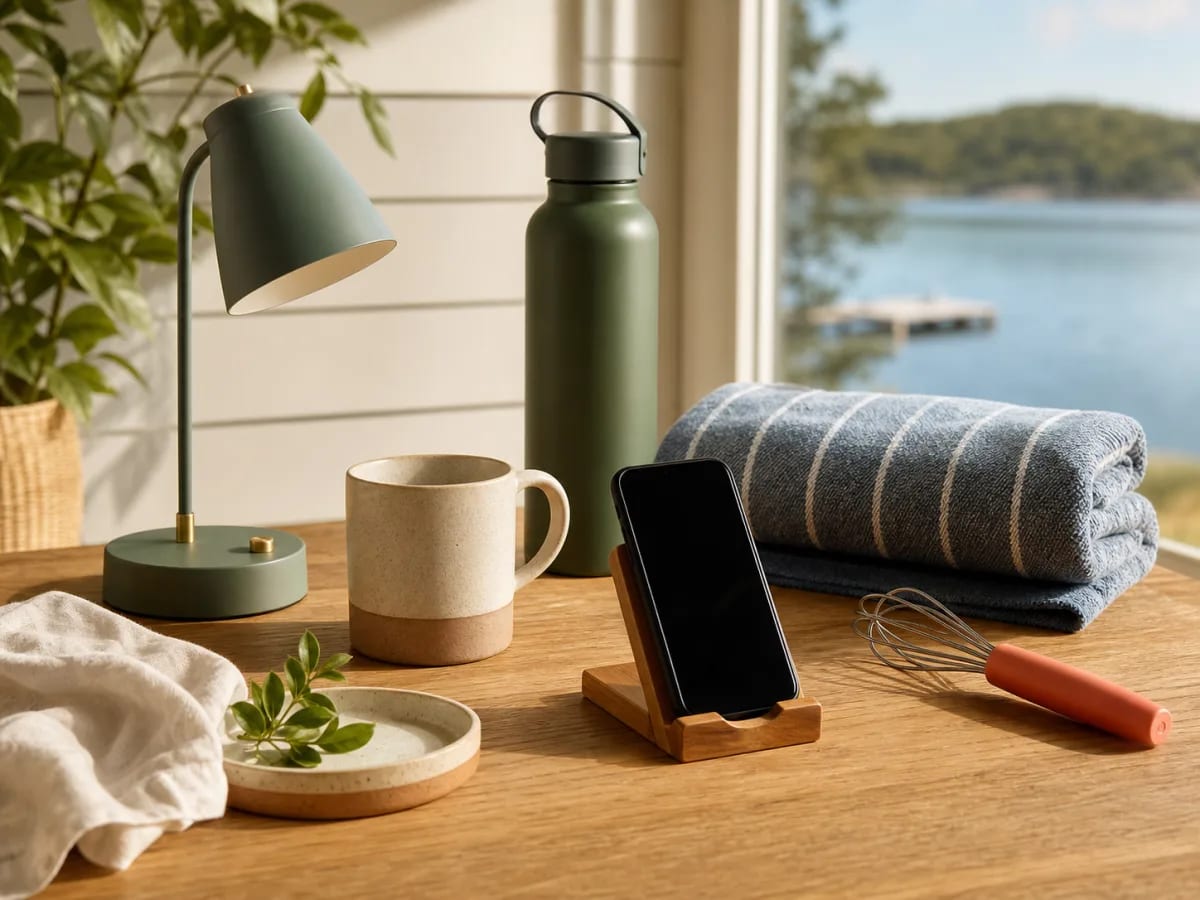 Useful affordable everyday objects arranged on a sunlit lakehouse table