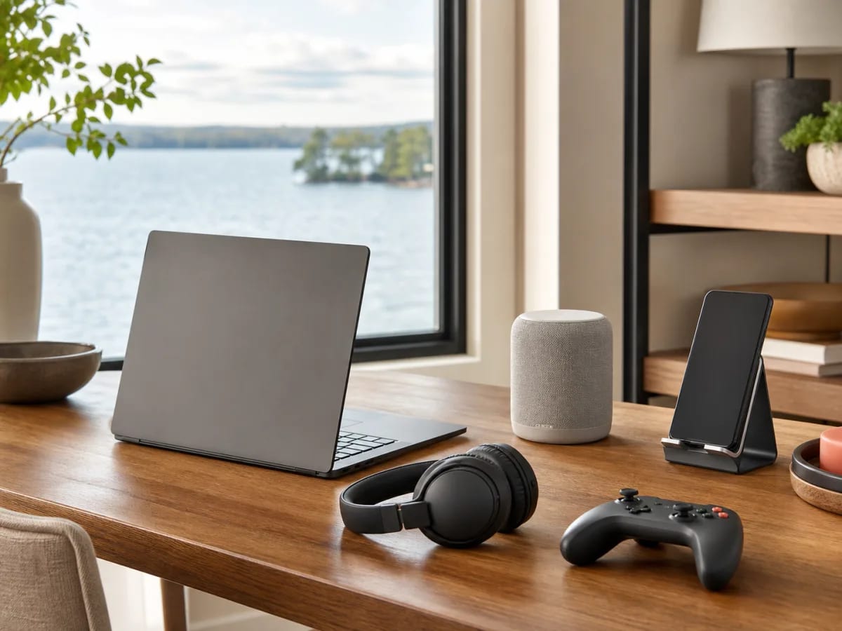 Unbranded everyday electronics arranged on a lakehouse desk