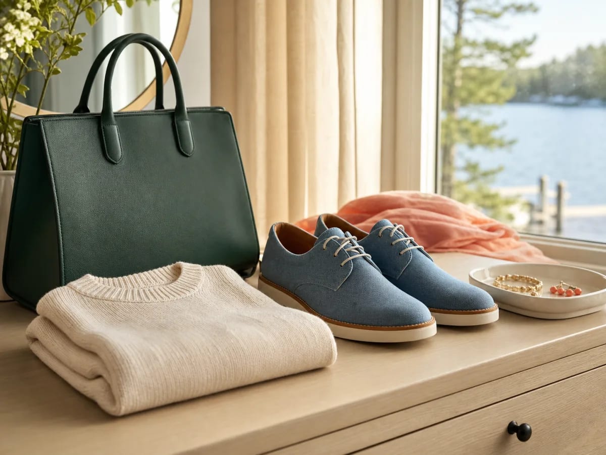Unbranded fashion essentials arranged beside a lakehouse window