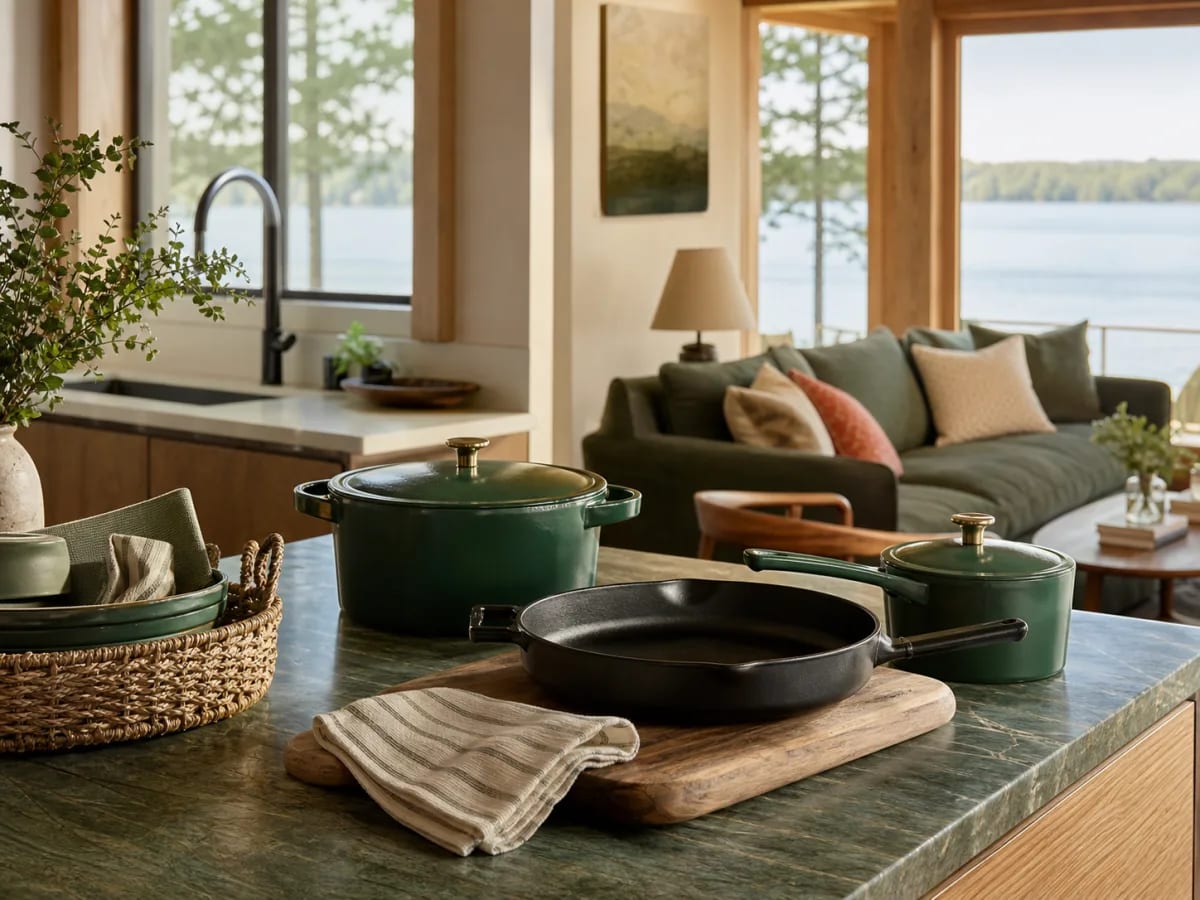 Practical cookware in a lakehouse kitchen connected to a comfortable living room