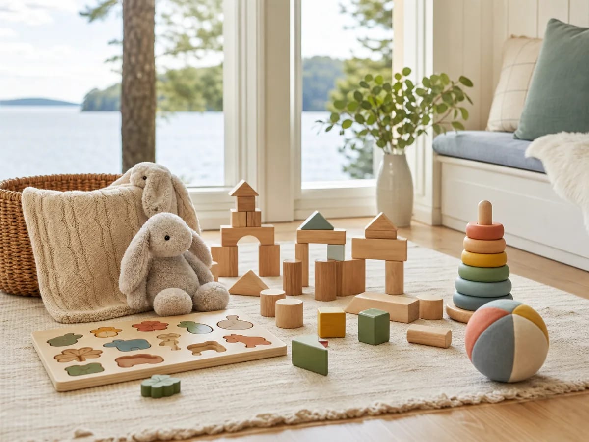 Baby essentials and varied unbranded toys in a bright lakehouse family room