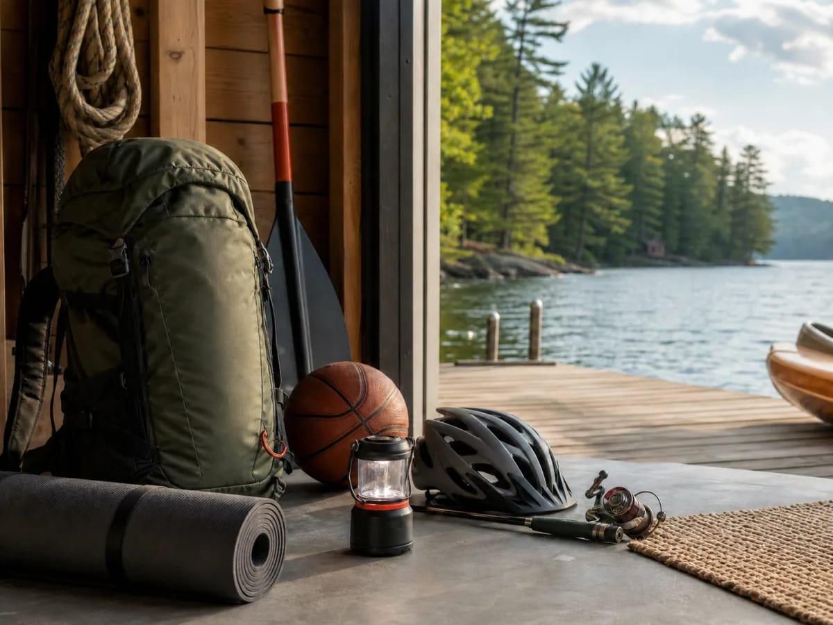 Fitness, camping, cycling, fishing, and sport gear beside a lakeside dock